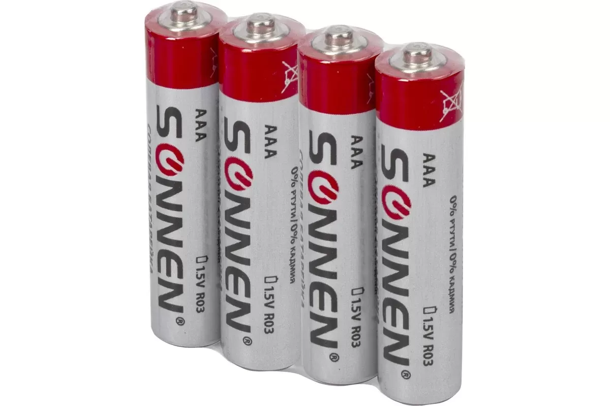 Батарейки КОМПЛЕКТ 4 шт., SONNEN, АА (R6, 15А), солевые, пальчиковые, в пленке/ 6