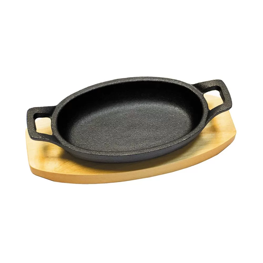 Сковорода чугунная овальная 24*17 см, на деревянной подставке, P.L. — Proff Chef Line